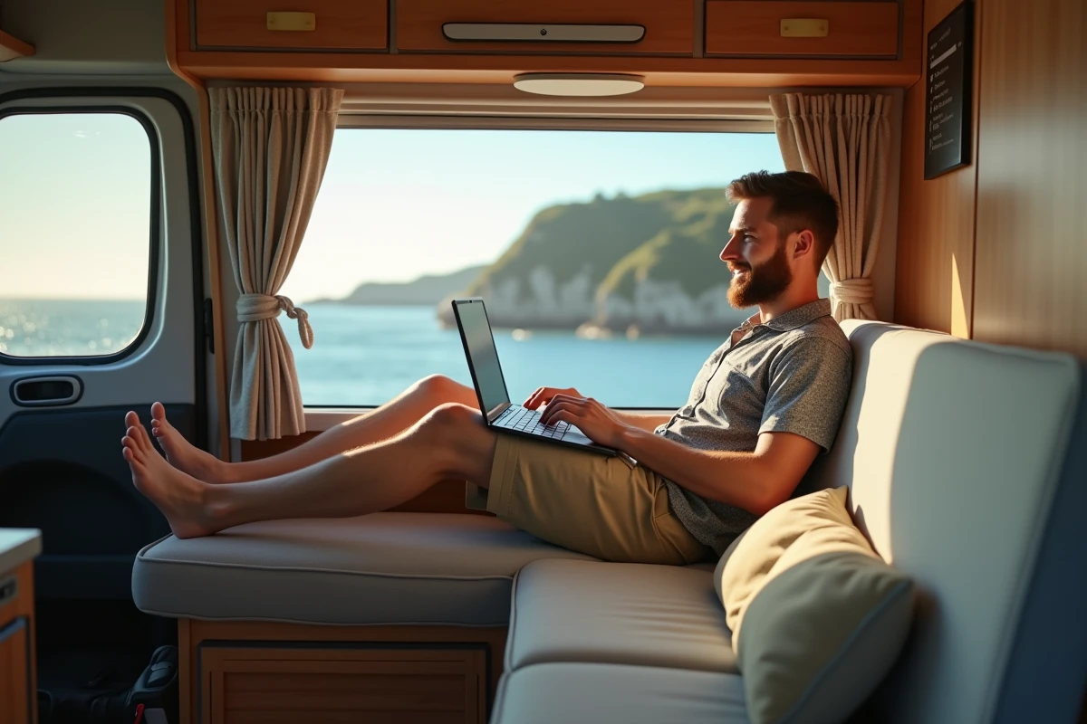 Homme en camper van regardant son ordinateur en voyage