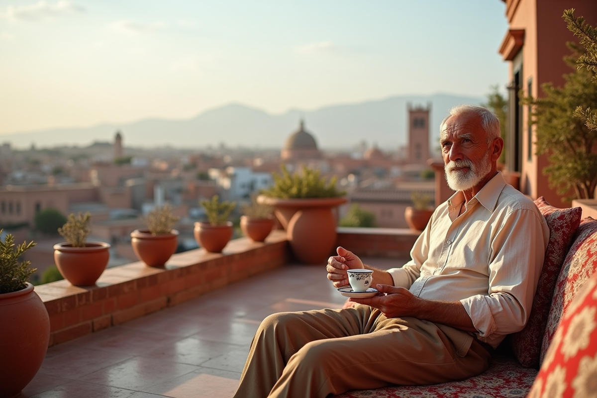 Homme relaxant avec vue sur Marrakech depuis le toit