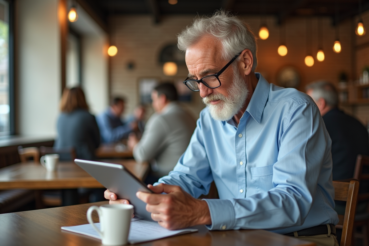 Homme senior au café remplissant un formulaire en ligne