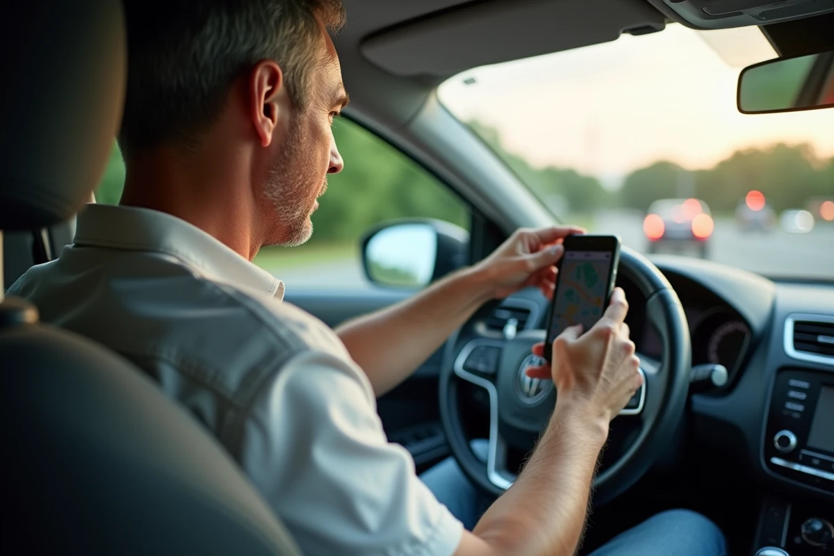 Homme d'âge moyen utilisant l'application Mappy dans sa voiture