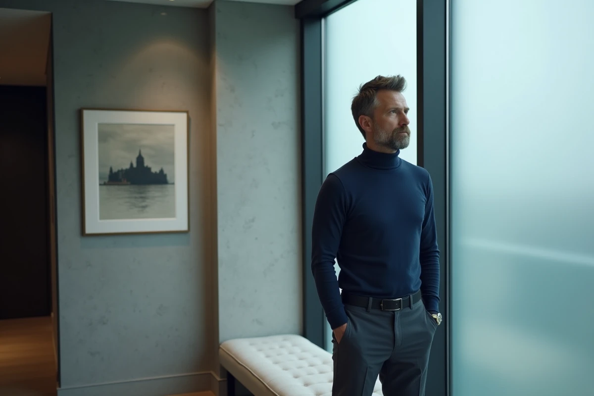 Homme seul dans une suite hôtelière de jour moderne, atmosphère discrète et confidentielle