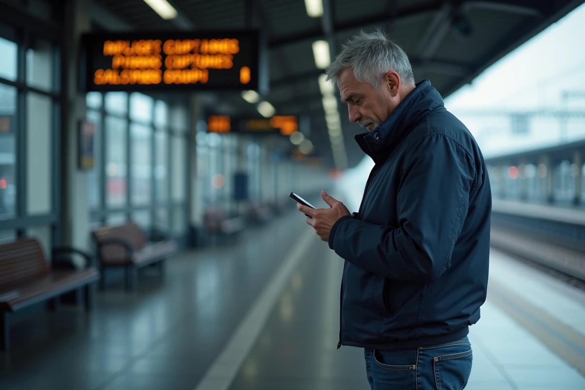 Homme consultant le support téléphonique BlaBlaCar sur son smartphone en gare