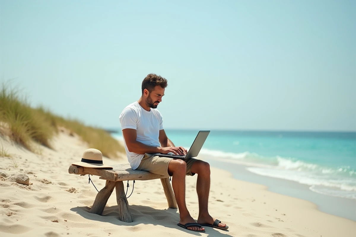 Homme en télétravail installé avec un ordinateur portable sur une plage de sable avec dunes et mer turquoise en arrière-plan
