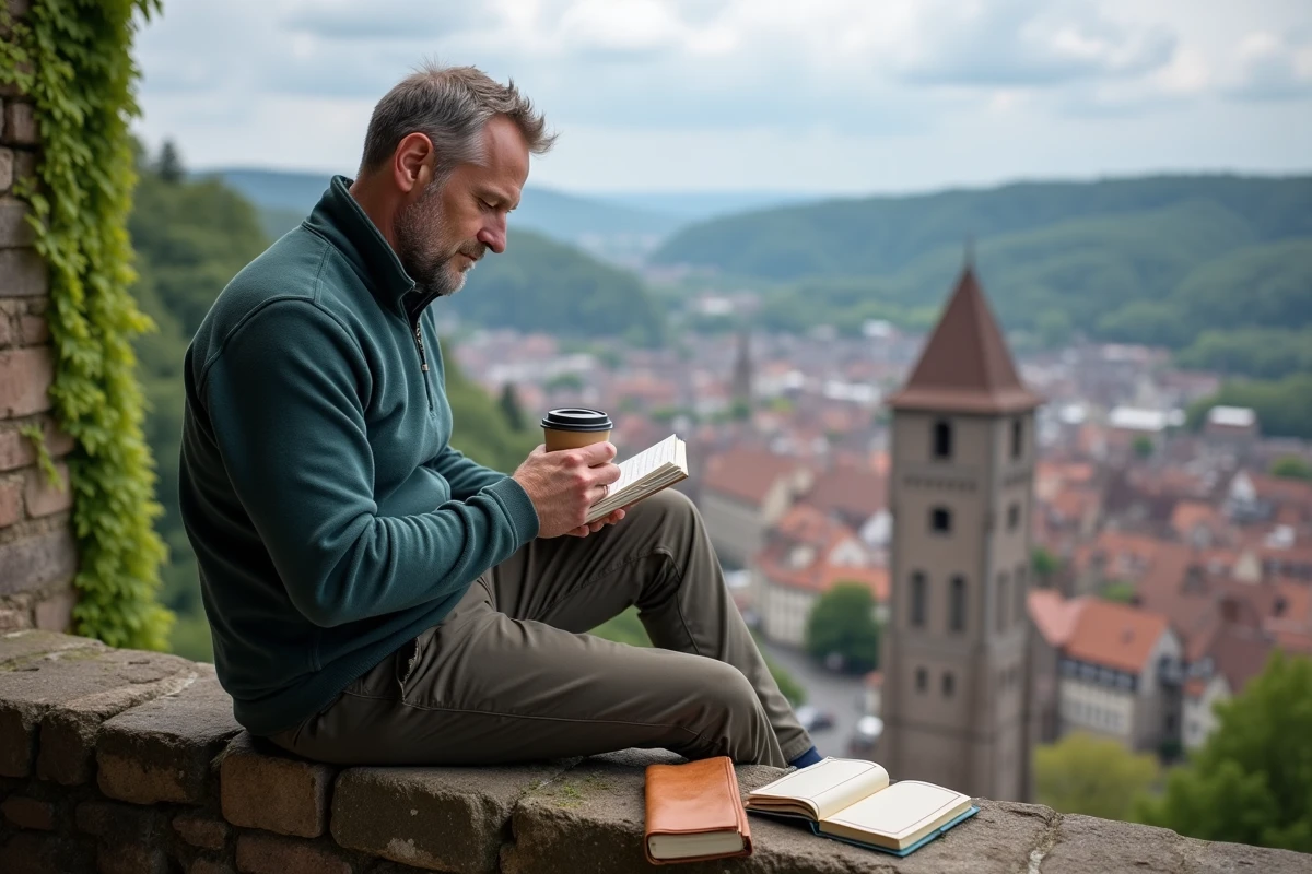 Homme prenant une pause sur la terrasse du château de Heidelberg avec vue panoramique sur la ville et le Neckar