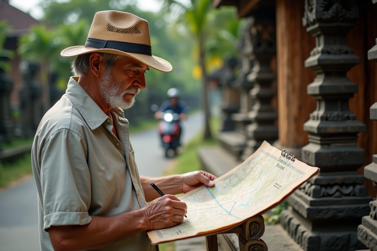 Homme âgé avec carte devant un temple balinais