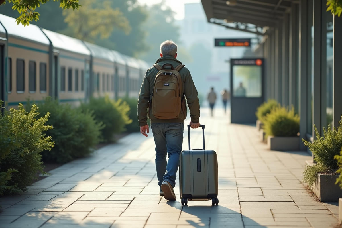 Homme avec valise recyclée se rendant à la gare