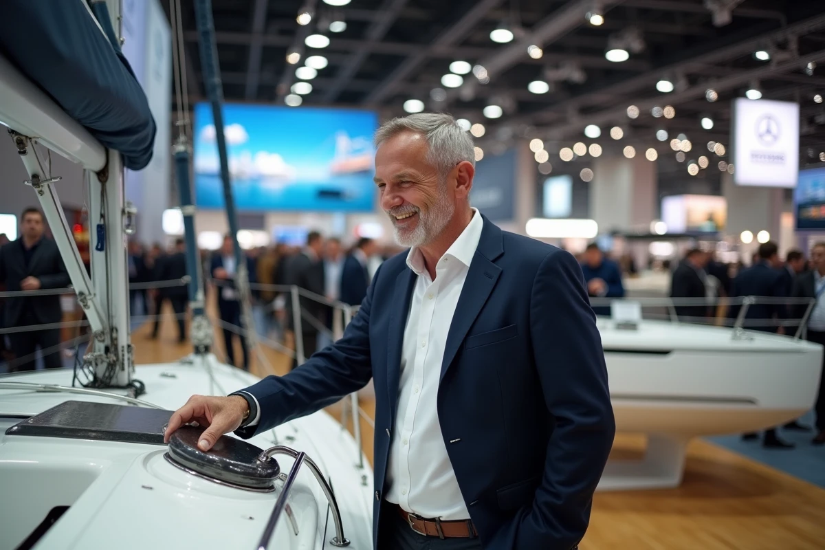 Homme souriant examinant le gouvernail d’un voilier moderne en exposition