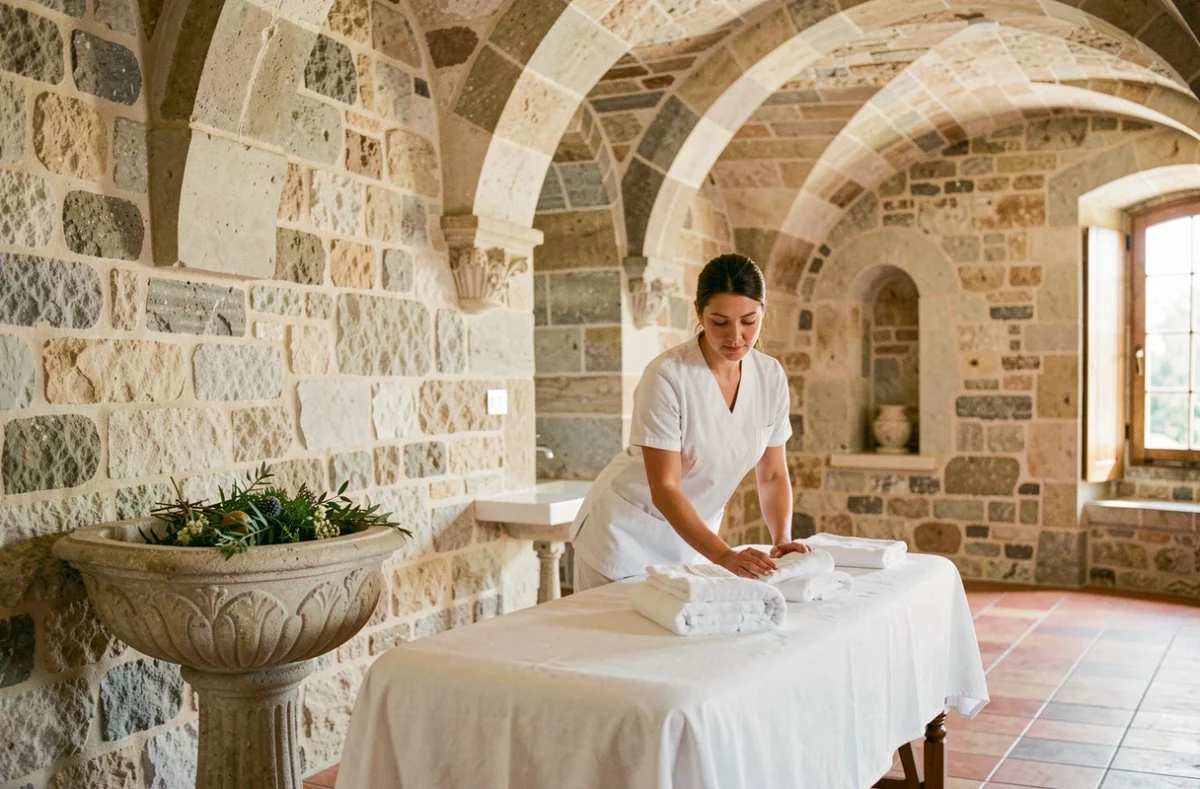 Salle de spa voûtée de l'Hôtel des Remparts avec sol en tomettes, pierre apparente et espace de soin raffiné