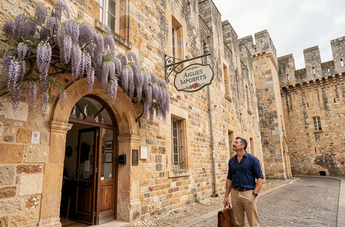 Entrée de l'Hôtel des Croisades au pied des remparts médiévaux d'Aigues-Mortes avec wisteria et pierre ancienne