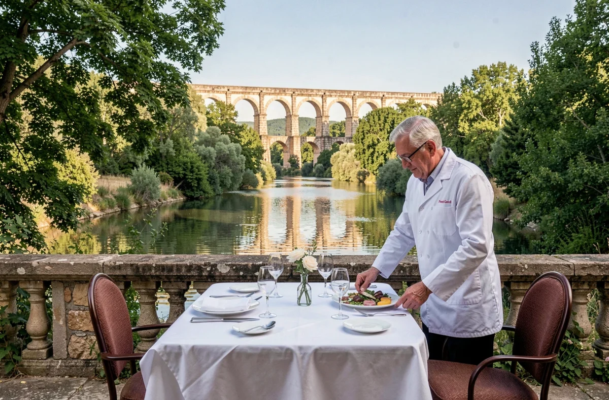 Terrasse restaurant de l'Hôtel Le Pont du Gard avec vue sur l'aqueduc romain classé UNESCO et les bords du Gardon