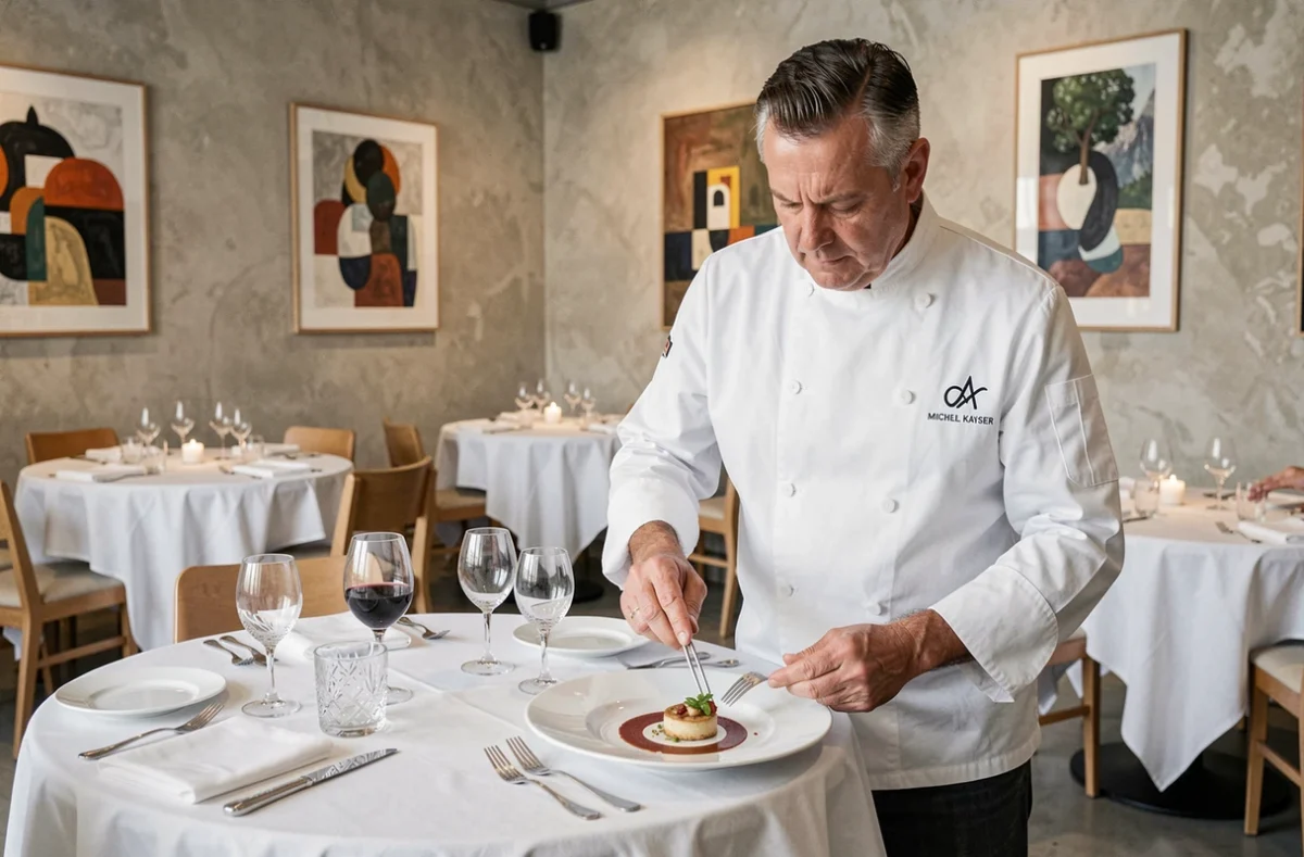 Chef Michel Kayser dressant une assiette gastronomique dans la salle de son restaurant étoilé Alexandre à Nîmes