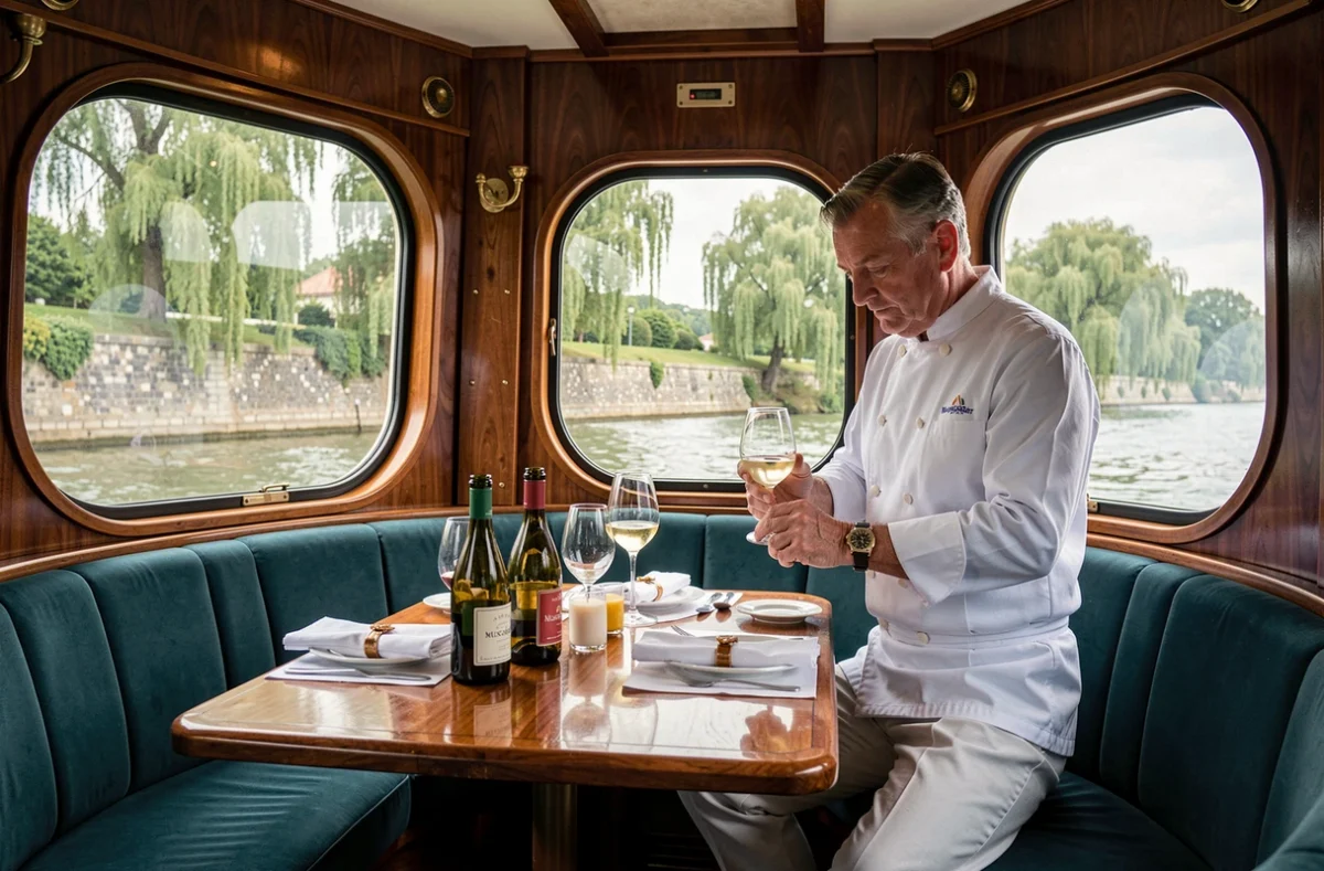 Intérieur du salon d'un bateau de croisière fluviale avec vue sur les berges de la Loire