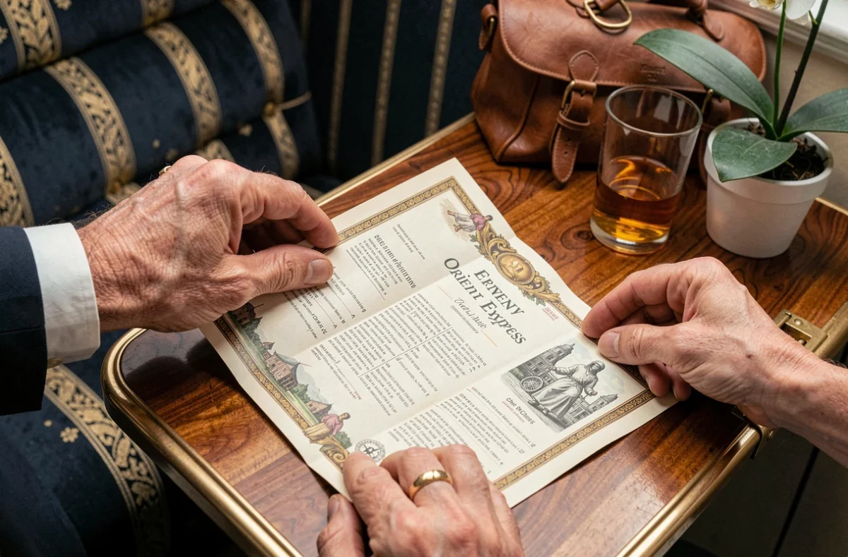 Mains tenant un carnet d'itinéraire Orient Express dans un compartiment privé, cadeau de voyage de luxe dévoilé avec élégance
