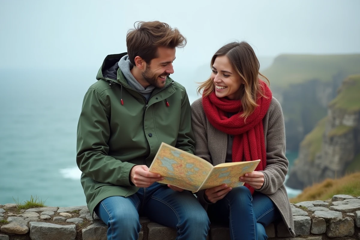 Jeune couple avec carte devant l