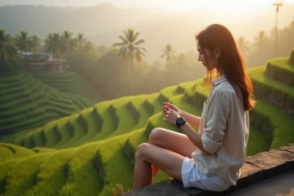 Jeune femme regardant sa montre sur une riziere bali