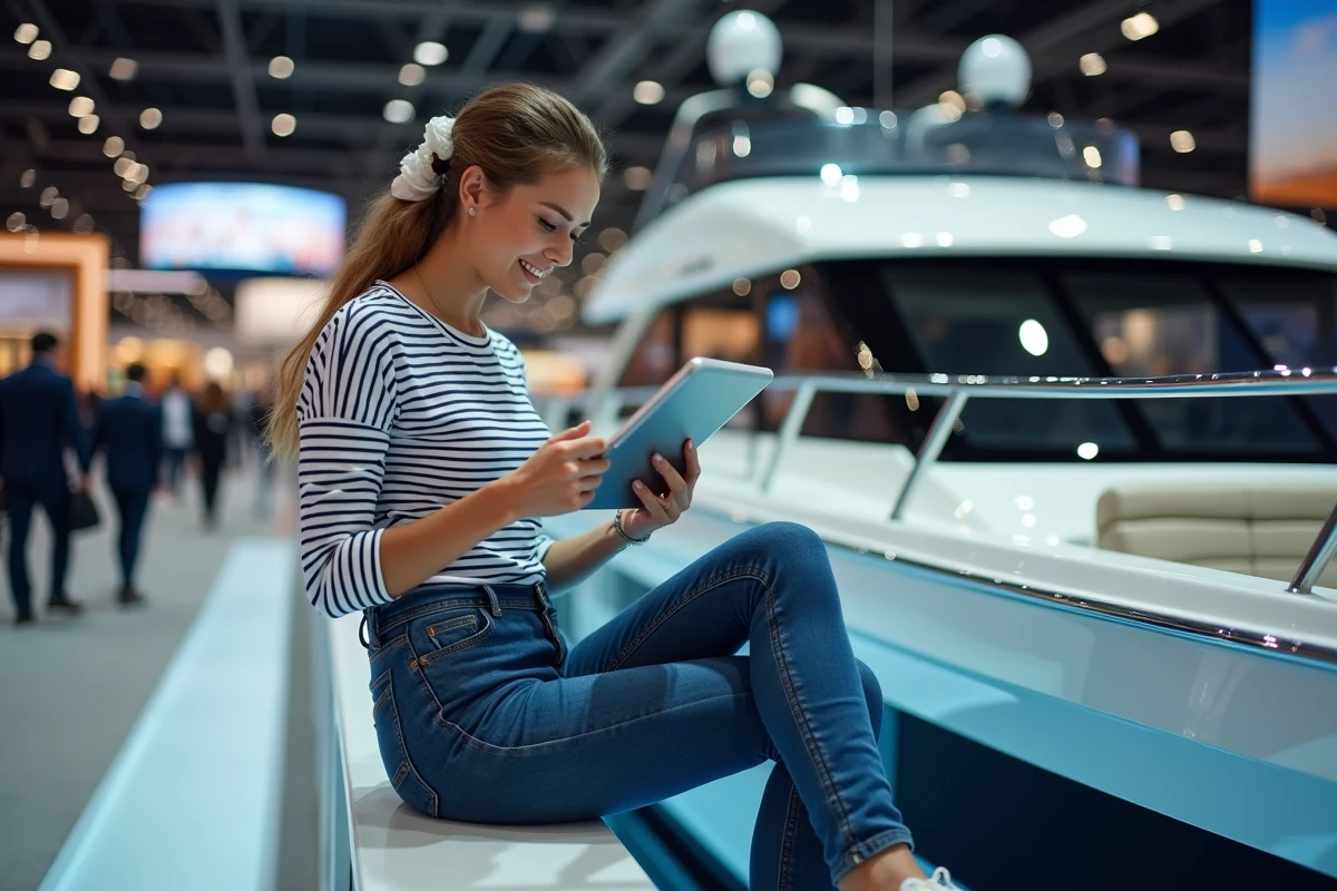 Jeune femme en tenue nautique regardant une brochure sur un bateau