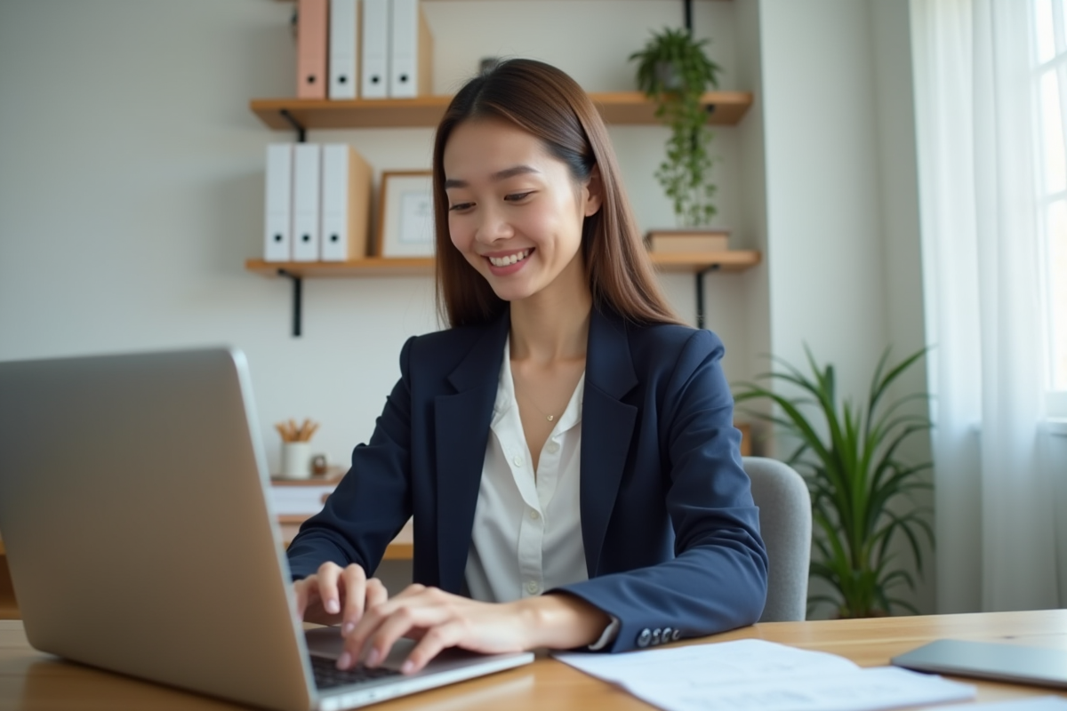 Jeune femme en bureau moderne utilisant son ordinateur