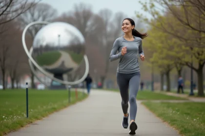 Jeune femme courant dans un parc urbain avec l'Unisphere en arrière-plan