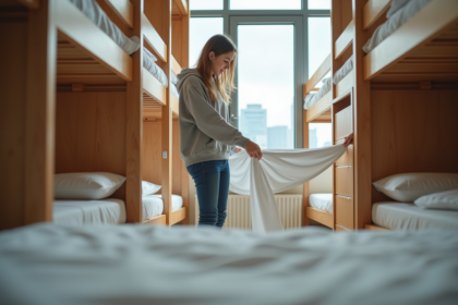 Jeune femme déployant une drap blanc dans un dortoir moderne