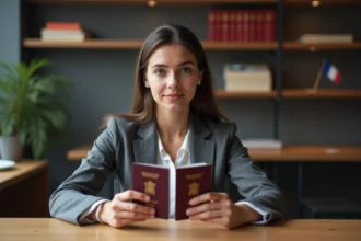 Jeune femme examine deux passeports français dans un bureau moderne