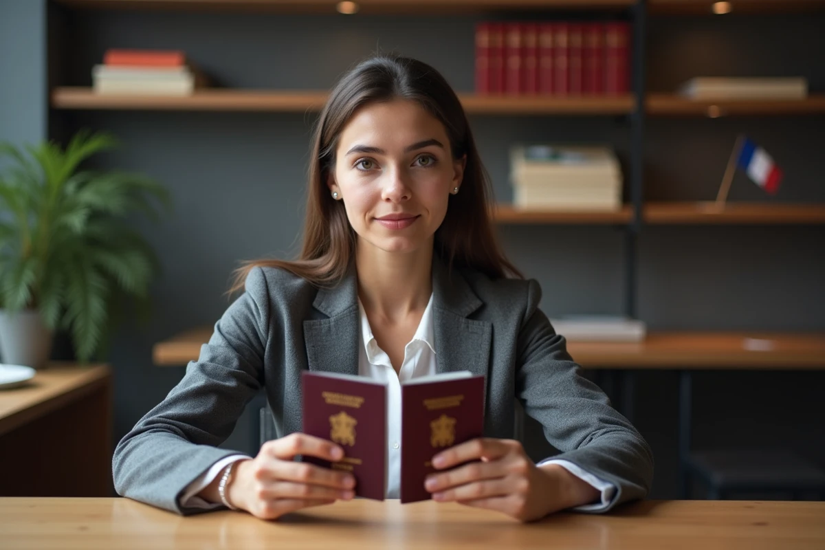 Jeune femme examine deux passeports français dans un bureau moderne