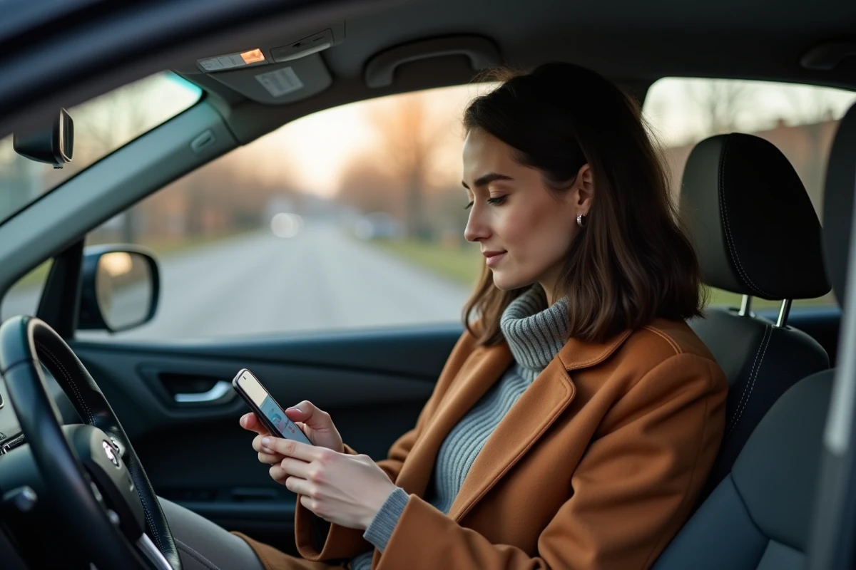 Jeune femme planifiant un rappel du service client BlaBlaCar depuis une voiture garée