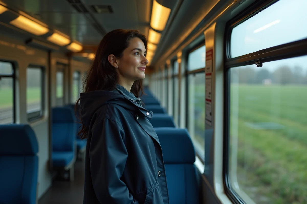 Jeune femme dans un train belge regardant dehors