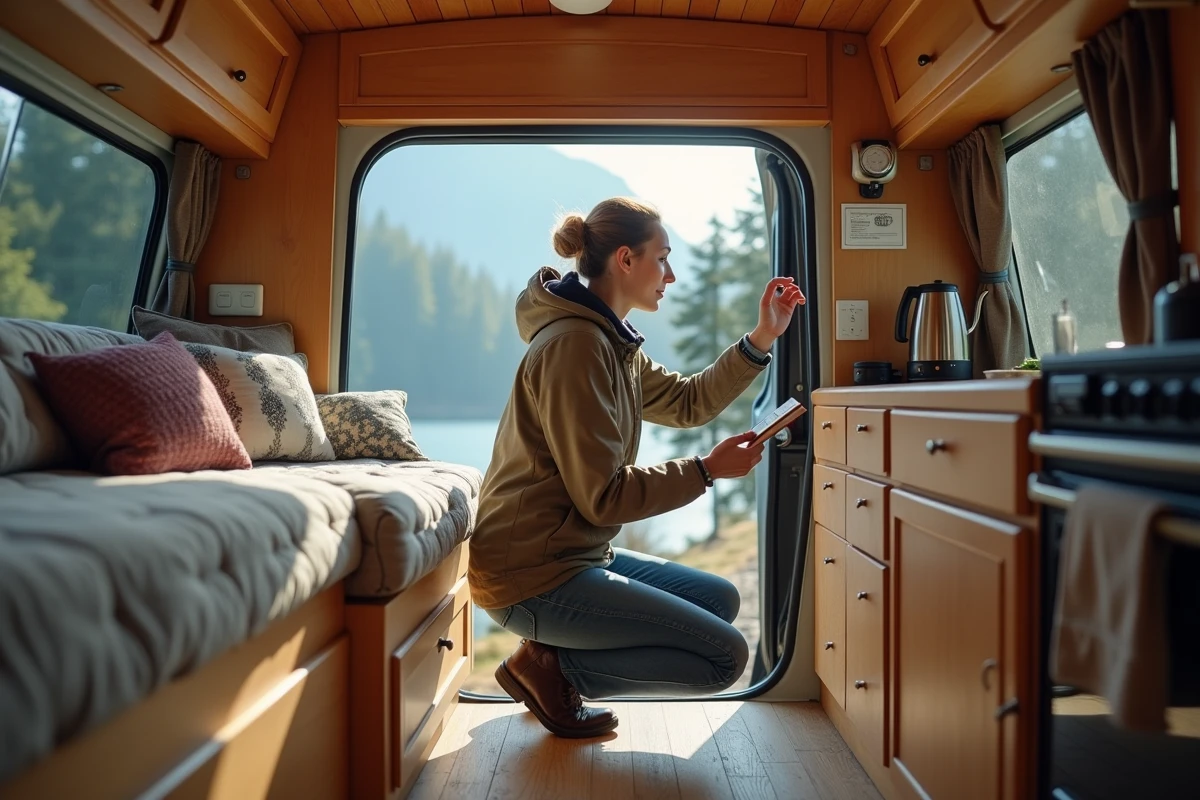 Jeune femme rangeant accessoires dans un van au bord du lac