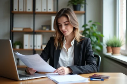 Jeune femme d'affaires vérifiant des formulaires de visa dans un bureau moderne