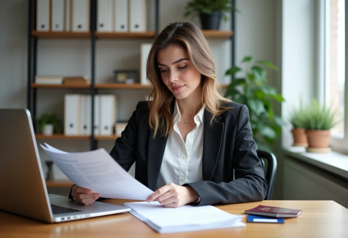 Jeune femme d'affaires vérifiant des formulaires de visa dans un bureau moderne