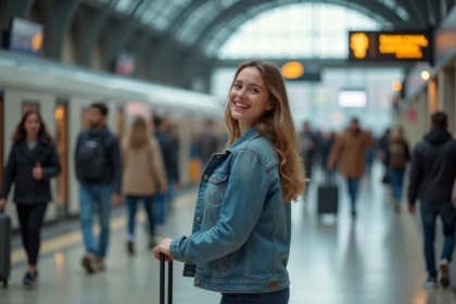 Jeune femme souriante avec valise dans gare européenne