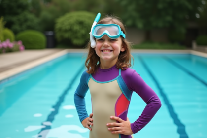 Jeune fille souriante en combinaison de plongée au bord de la piscine