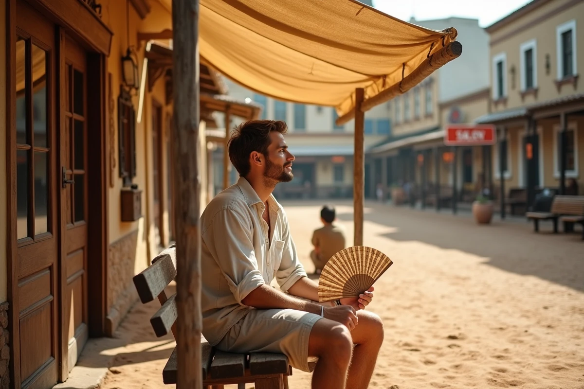 Jeune homme avec ventilateur dans la place d Oasys