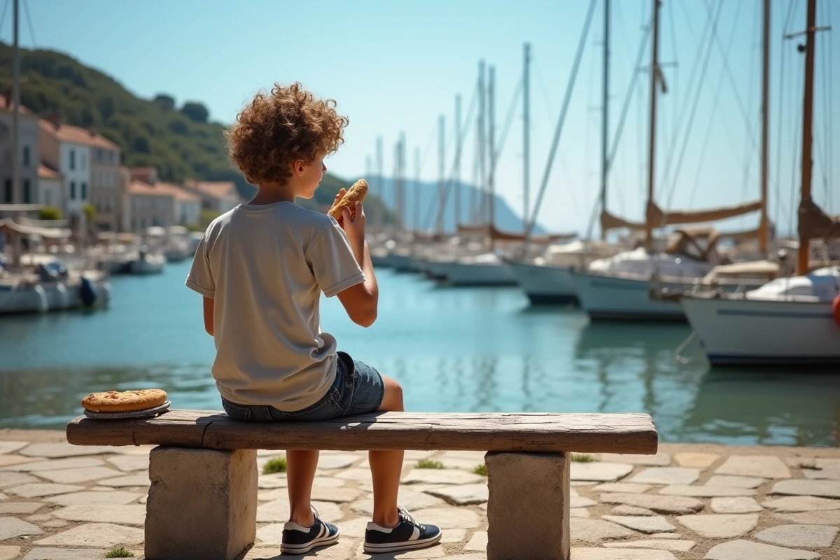 Jeune homme avec baguette au bord de la marina de Leucate