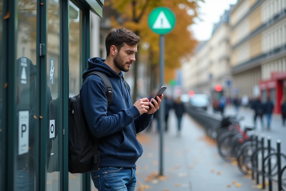 Jeune homme avec smartphone Navigo devant un arrêt de bus parisien