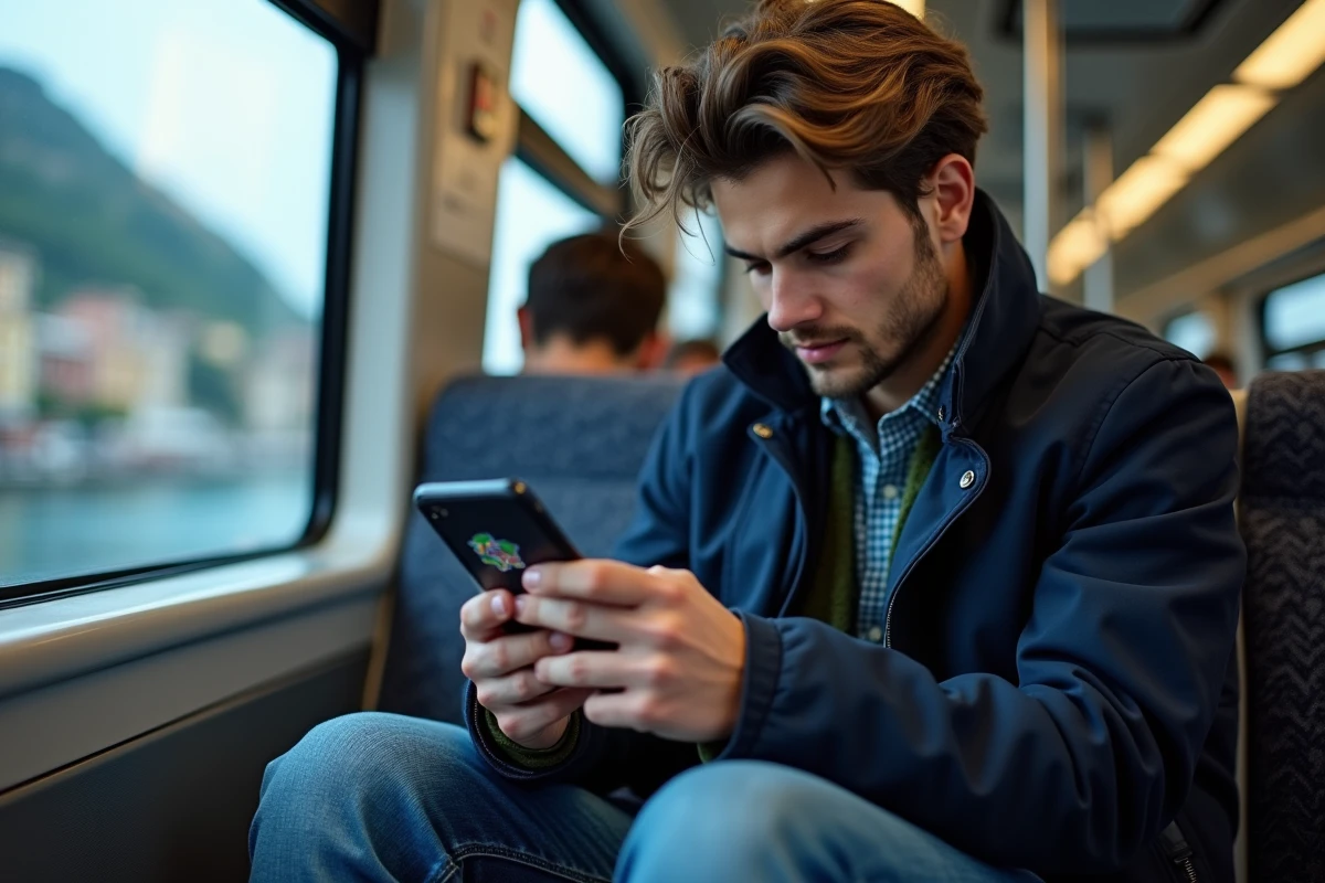 Jeune homme dans un train lisant une carte de Cinque Terre