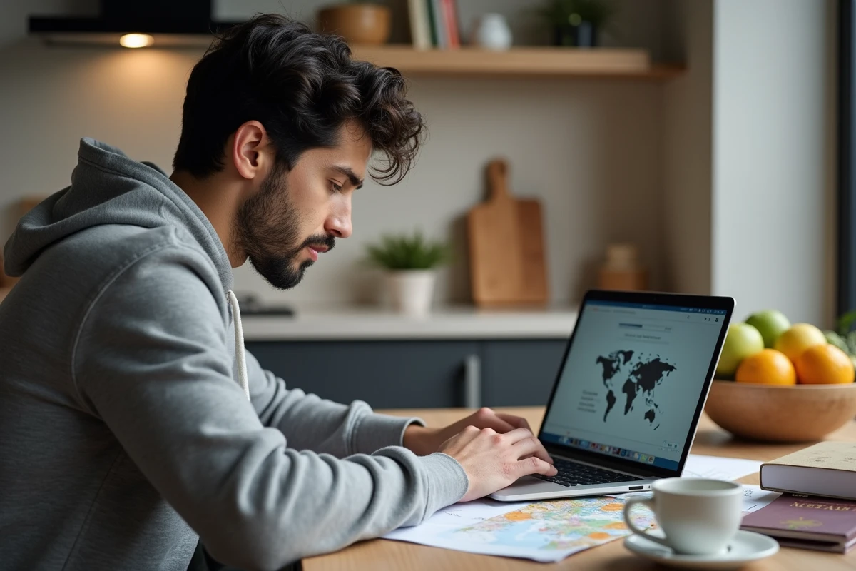 Jeune homme planifiant voyage avec brochures et ordinateur