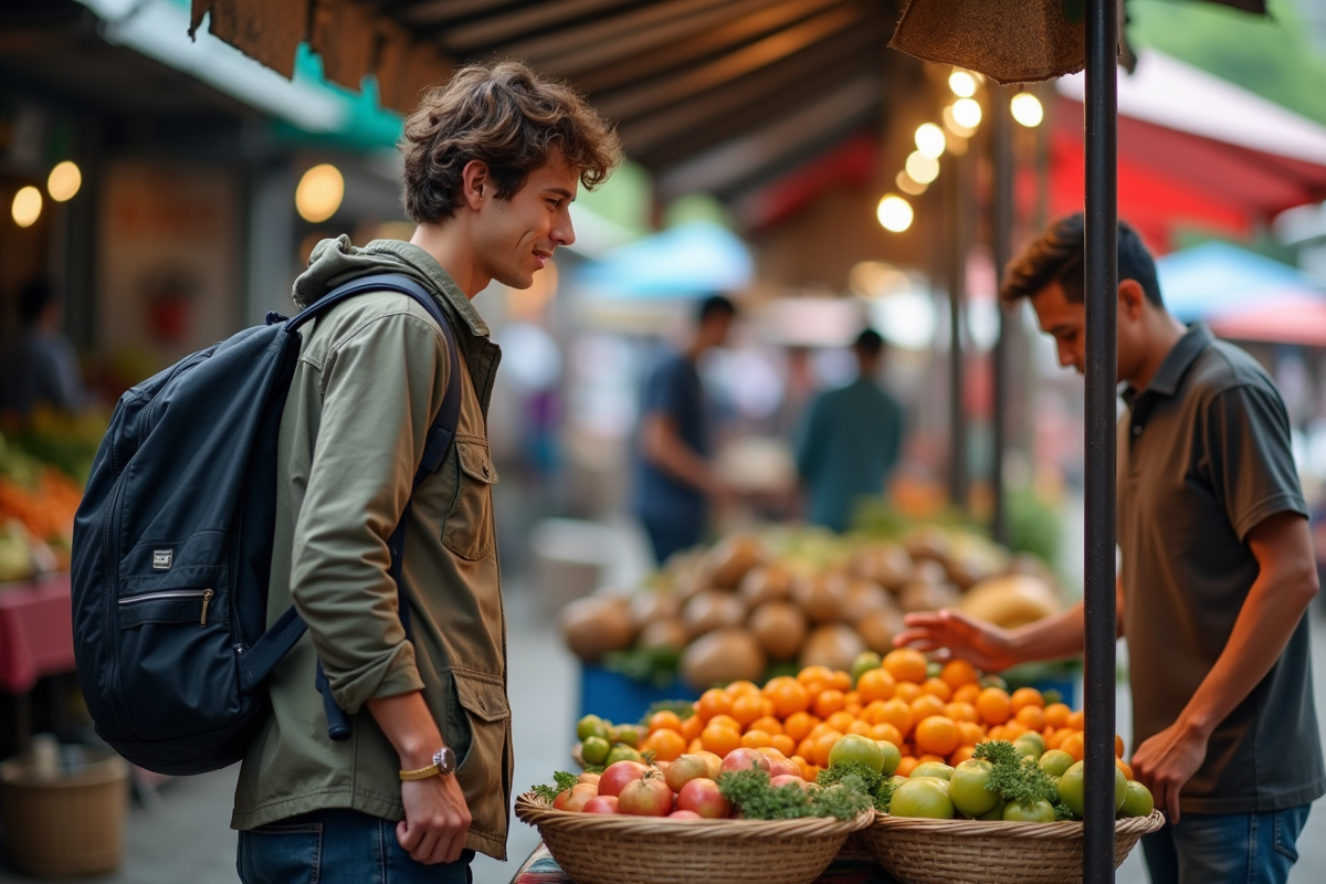 Jeune homme explore un marché asiatique coloré