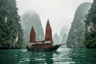 Jonque traditionnelle vietnamienne naviguant entre les pitons karstiques de la baie d'Halong sous une atmosphère brumeuse