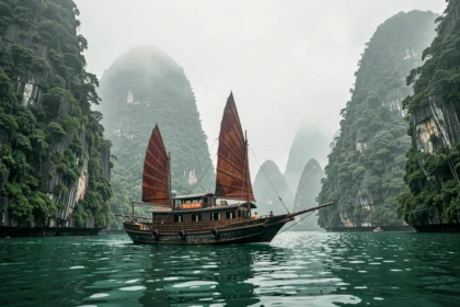Jonque traditionnelle vietnamienne naviguant entre les pitons karstiques de la baie d'Halong sous une atmosphère brumeuse