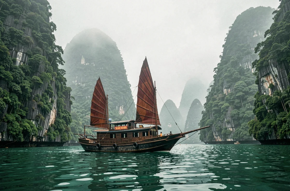 Jonque traditionnelle vietnamienne naviguant entre les pitons karstiques de la baie d'Halong sous une atmosphère brumeuse