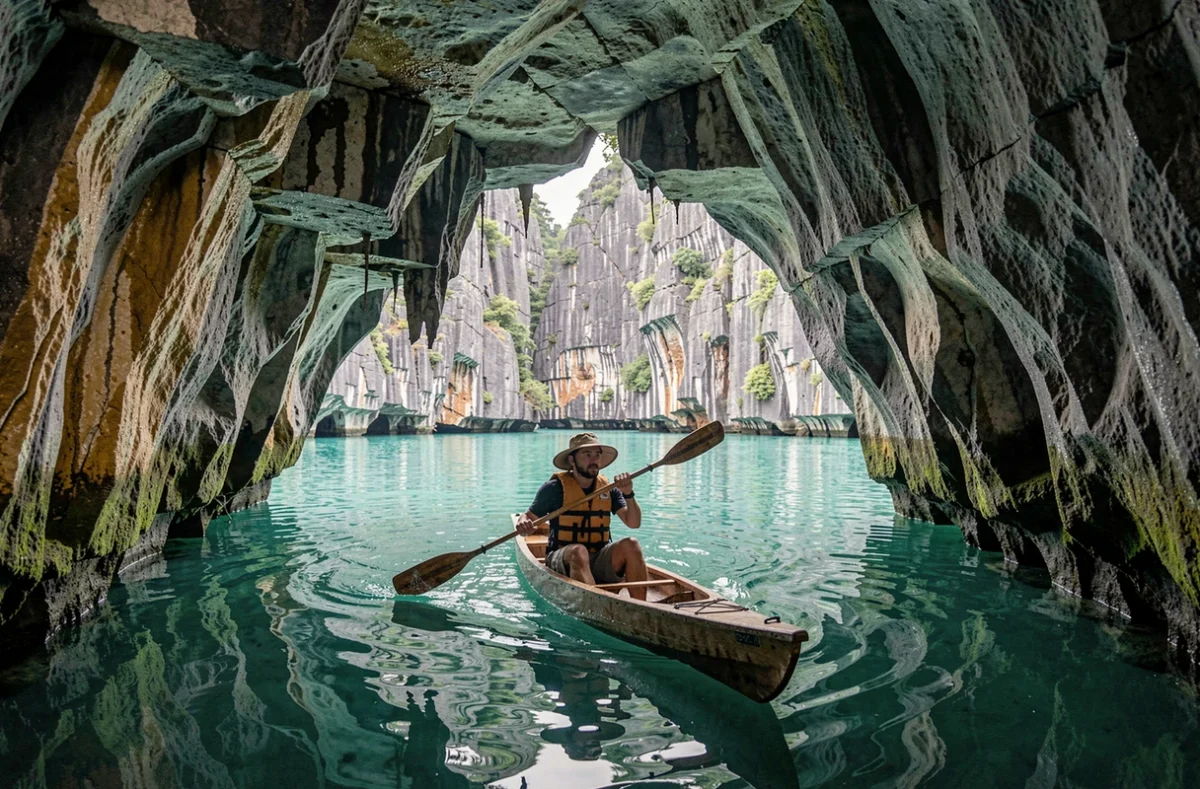 Voyageur en kayak explorant une grotte karstique étroite débouchant sur un lagon caché dans la baie d'Halong