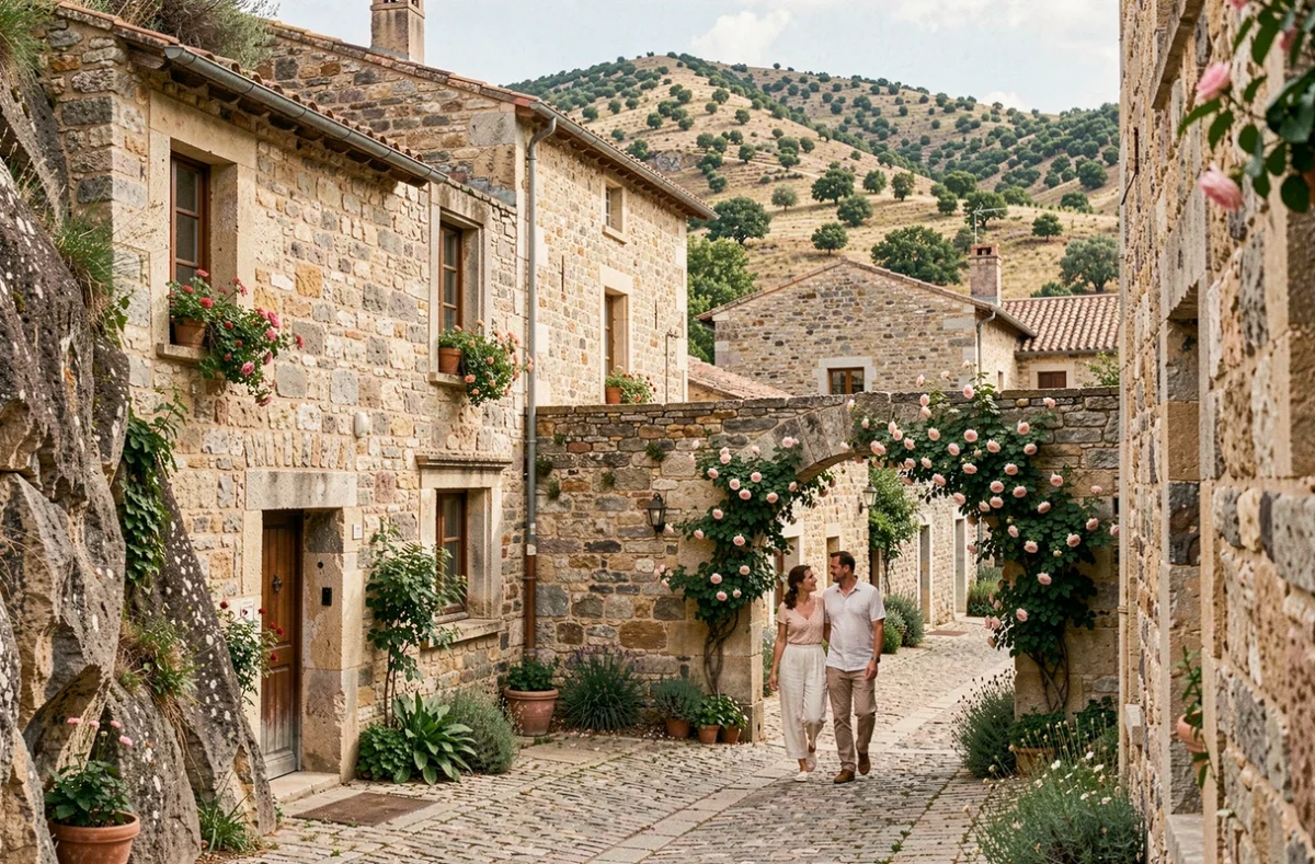 Façade en pierre du Vieux Castillon, village hôtel médiéval perché dans le Gard avec ruelles pavées