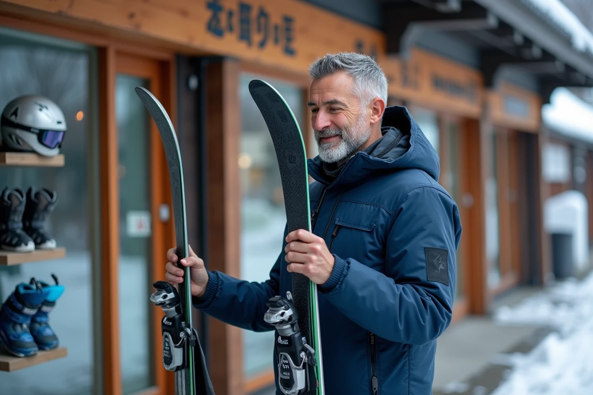Skieur examinant du matériel de location de ski devant un magasin à Nozawa Onsen