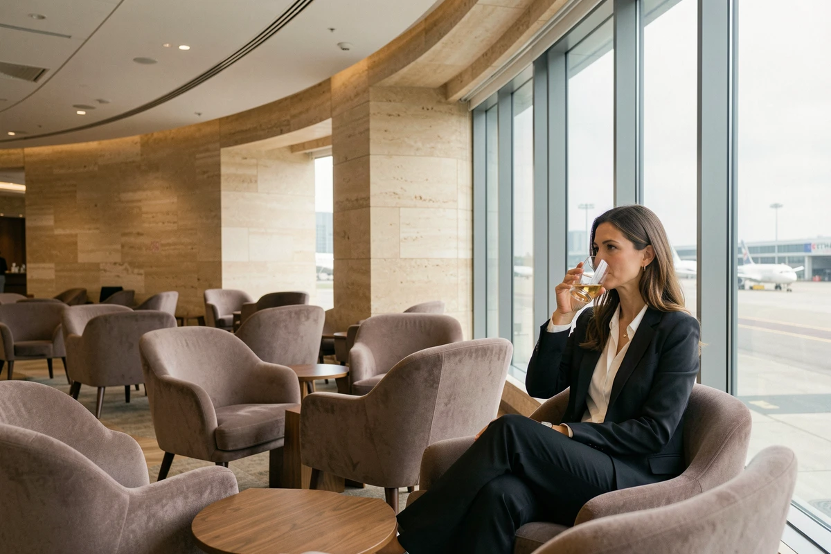Salon business class Etihad Airways à l'aéroport avec fauteuils design et vue panoramique sur le tarmac