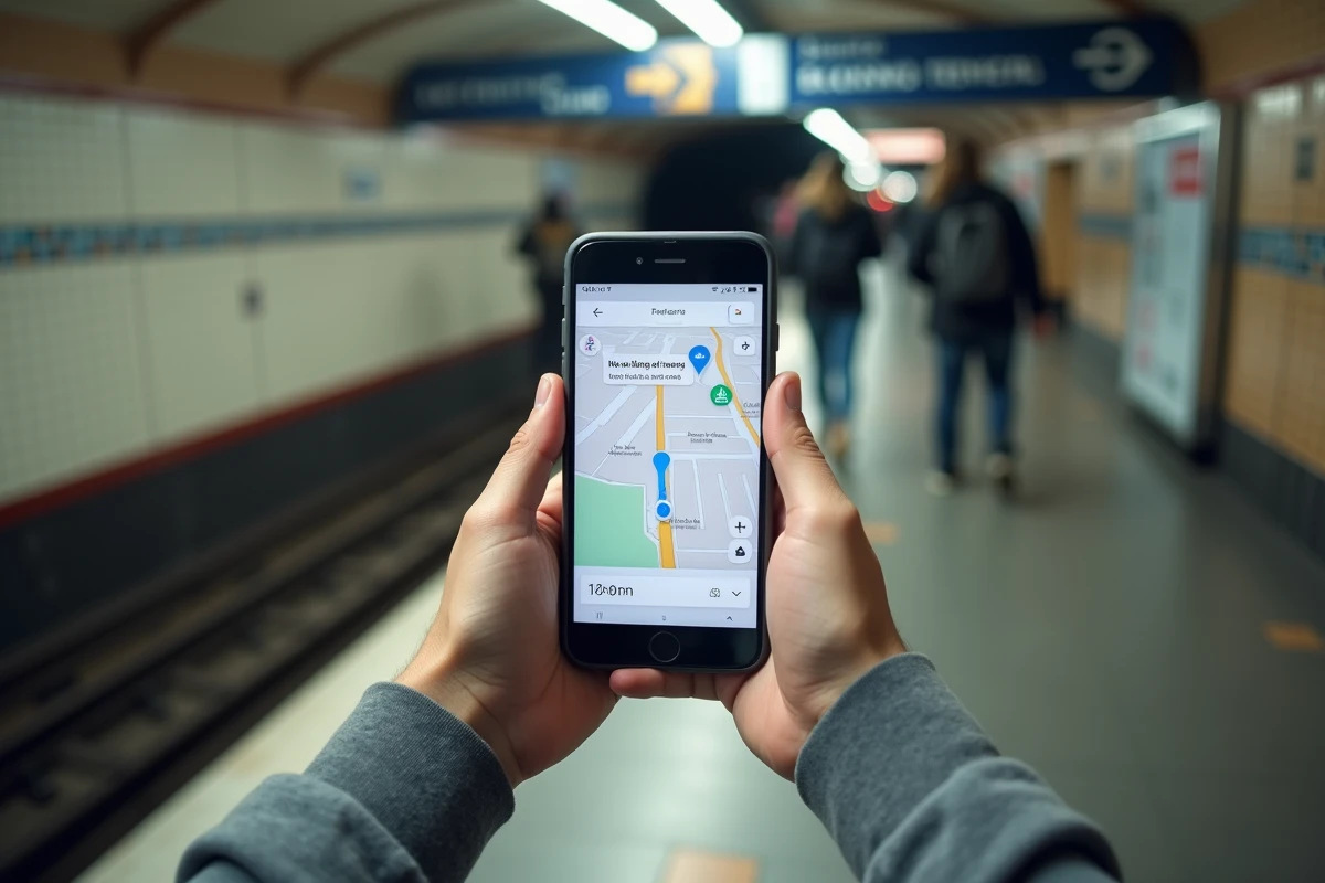 Gros plan sur des mains tenant un smartphone affichant les indications Google Maps pour un itinéraire à pied en ville