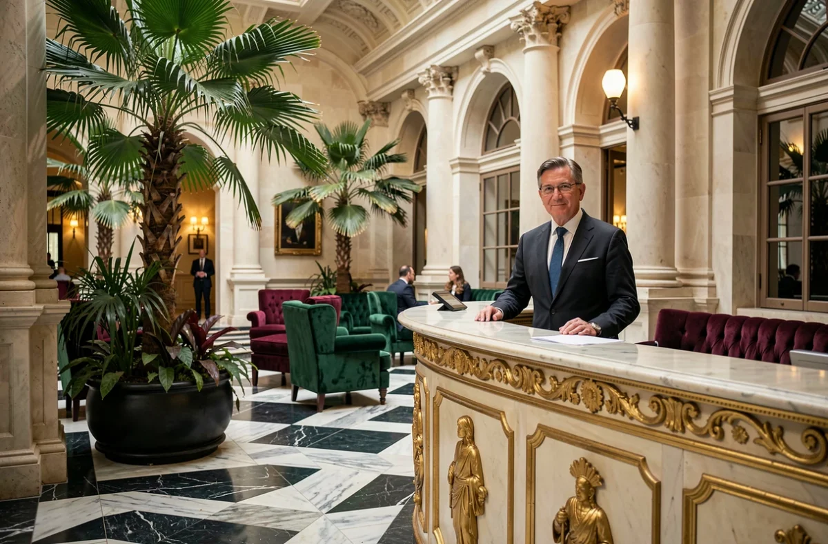 Grand lobby classique de l'hôtel L'Imperator à Nîmes avec colonnes en marbre, palmiers intérieurs et mobilier luxueux