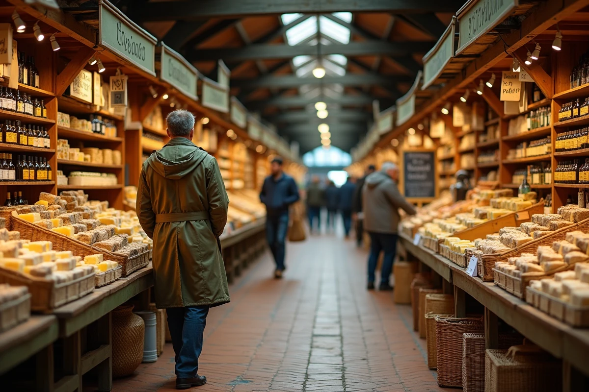 Homme explorant un marché couvert normand par temps de pluie, entouré de produits locaux comme le calvados et les fromages