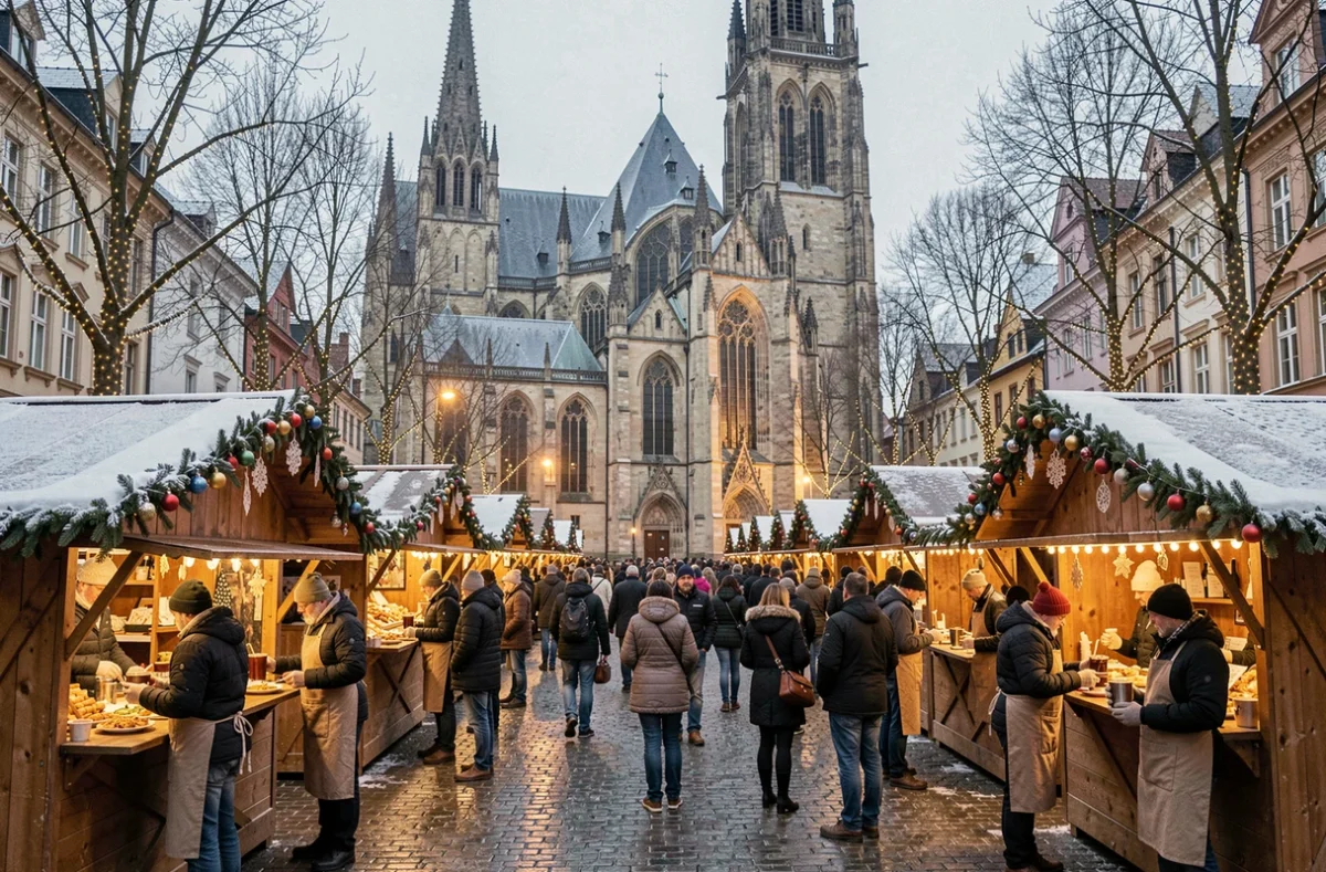 Marché de Noël hivernal sur la place de la cathédrale Saint-Bavon à Gand avec des chalets en bois et des visiteurs