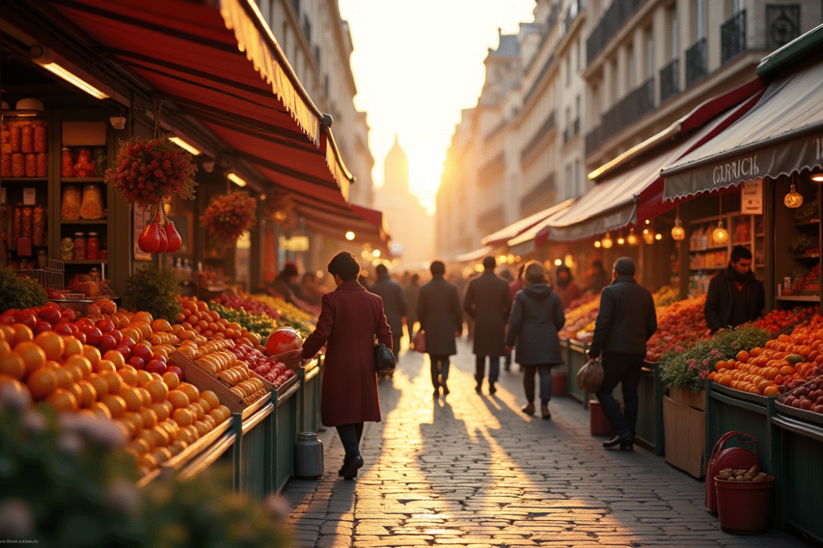 Marché parisien coloré au lever du soleil avec stands et architecture